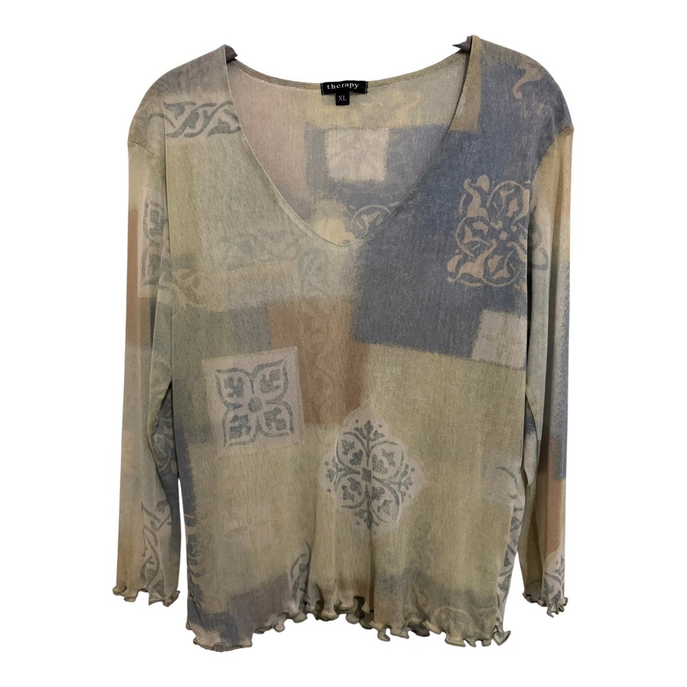 Y2K Mesh Top Women's Size XL Green Blue Patchwork Top Fairy 90's Whimsigoth - Picture 10 of 12